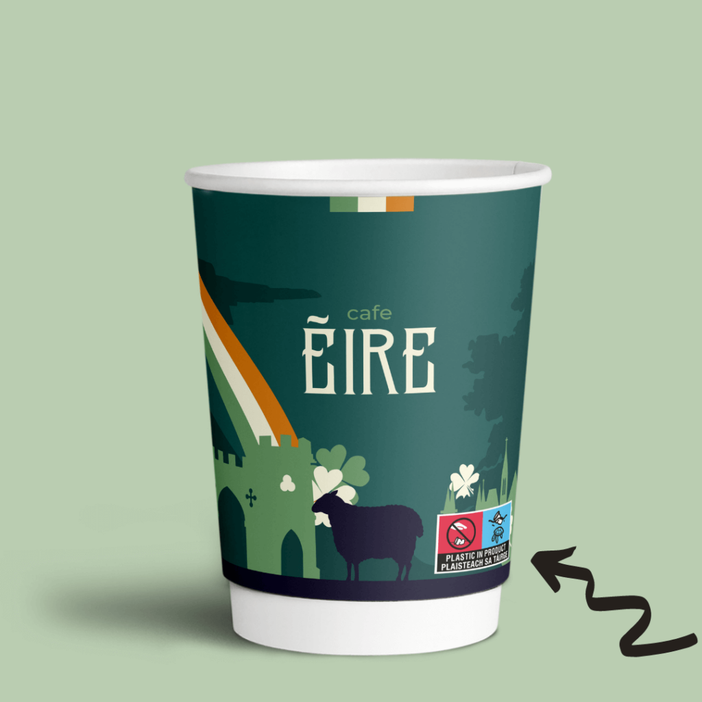 Image for a blog post about European Single-Use Plastic Directive Paper Cups Turtle Logo Labelling Requirements and Drinks Cups Regulations in Ireland, updated in April 2021 with official Irish-language marking text